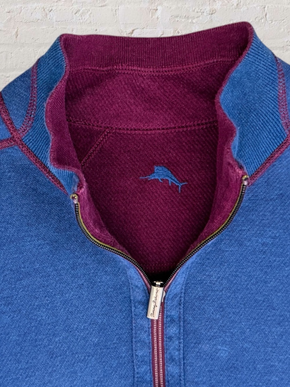 Tommy Bahama Reversible Quarter Zip Pullover Large Blue Burgundy Cotton Sweater